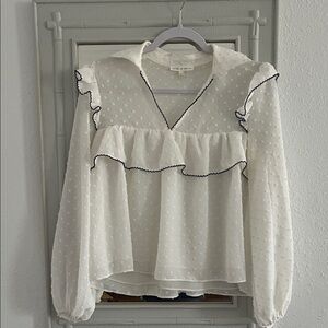 White Polka Dot Blouse with Ruffle Trim